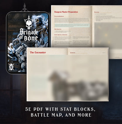 Promotional graphic for a 5E PDF game product titled 'Brigade of Bone'. It shows a dark metal tin with fantasy soldier artwork, an open parchment-style Dungeon Master Preparation sheet, and blank character sheets, with text reading '5E PDF WITH STAT BLOCKS, BATTLE MAP, AND MORE' on a dark background.