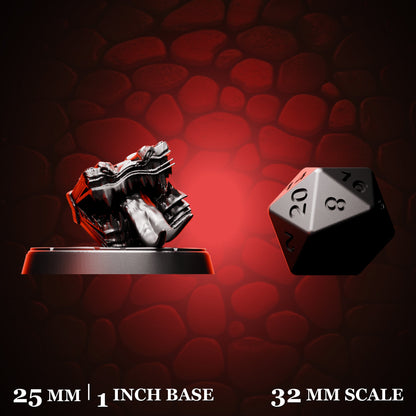 Book Mimic shown beside a d20 for scale