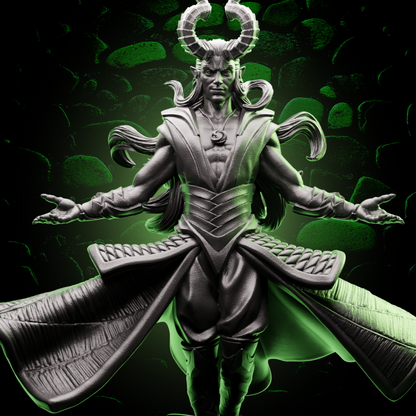 Helios Tabletop Male Tiefling Sorcerer TTRPG miniature thumbnail, highlighting curved horns and arcane robes.