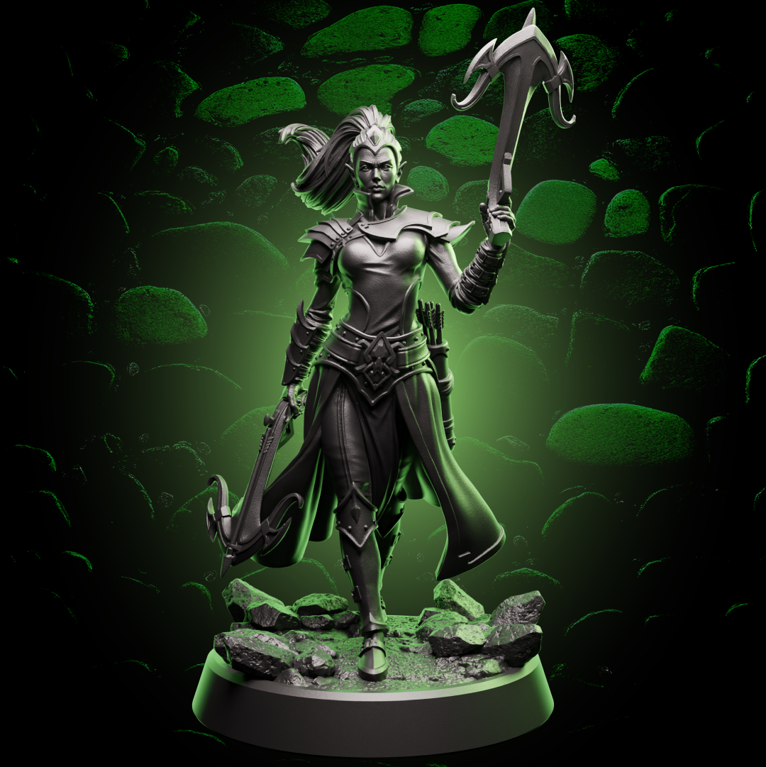 Front view of a 32mm Elf Ranger miniature wielding dual crossbows, wearing light armor and a long cloak, posed mid-stride atop a rocky base