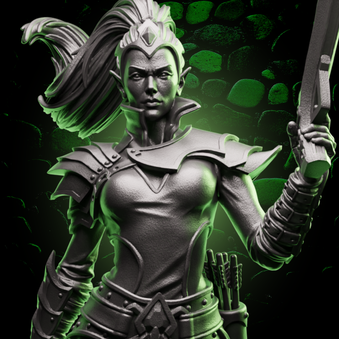 Close-up of the Elf Ranger’s face and upper torso, highlighting sharp elven features, pointed ears, layered armor, and crossbow grip detail