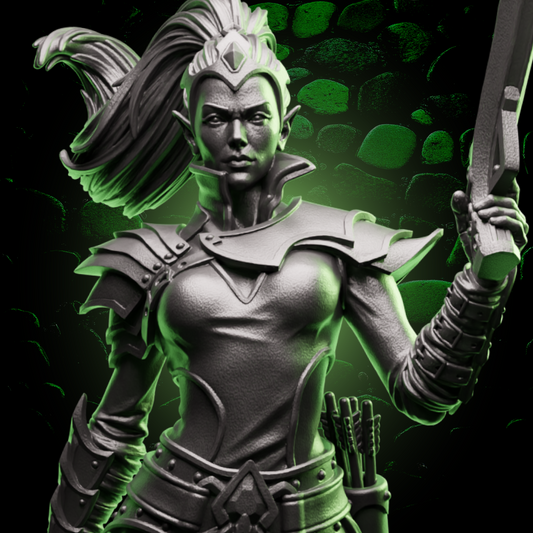 Close-up of the Elf Ranger’s face and upper torso, highlighting sharp elven features, pointed ears, layered armor, and crossbow grip detail