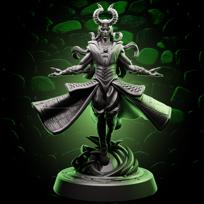 Front view of Helios Tabletop’s Male Tiefling Sorcerer fantasy mini for D&D, showcasing intricate horns and detailed robes.