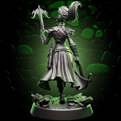 Rear view of the Elf Ranger miniature showing flowing hair, a quiver of bolts, and detailed armor plates over a split cloak.