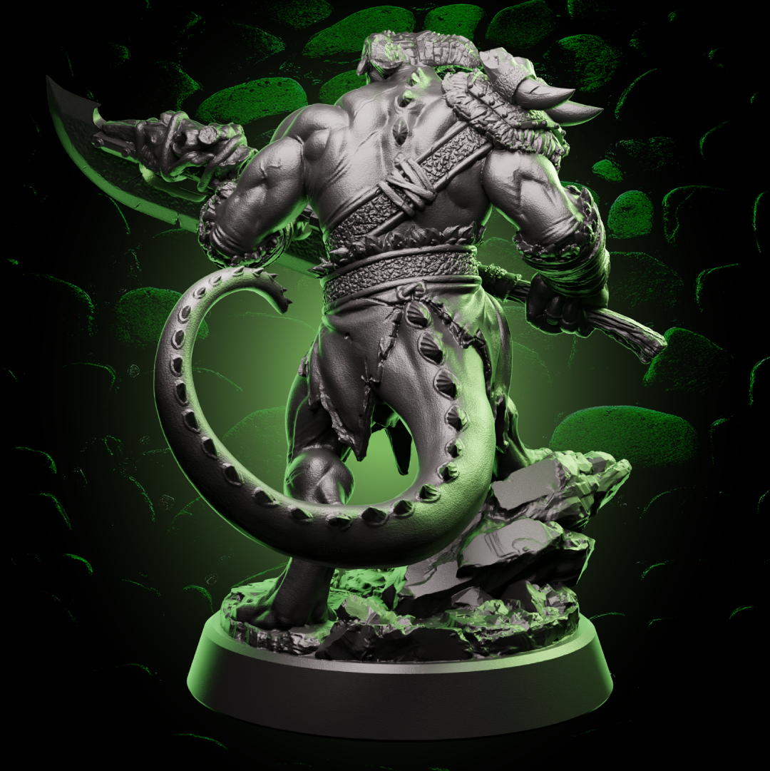 Back view of Dragonborn Barbarian miniature showcasing detailed scales, loincloth, and oversized weapon. | Helios Tabletop