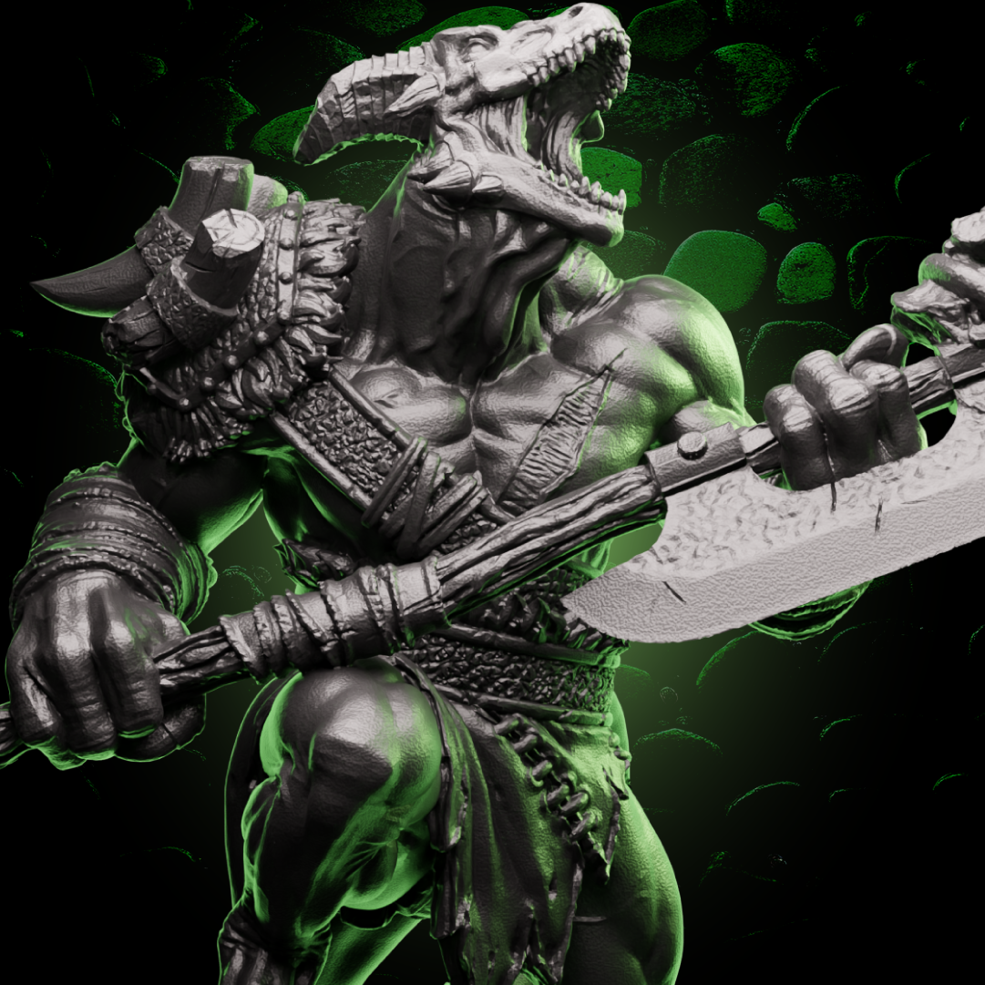 Dragonborn Barbarian miniature wielding a massive cleaver-like greataxe, perfect for fantasy tabletop RPG combat. | Helios Tabletop