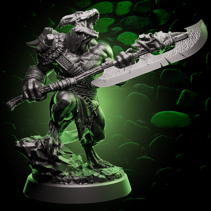 Front view of Dragonborn Barbarian miniature in a roaring pose, holding a heavy-bladed weapon across rocky terrain. | Helios Tabletop