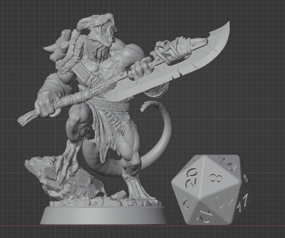 Dragonborn Barbarian miniature with massive cleaver displayed beside a D20 for scale, sized for 32mm TTRPG play. | Helios Tabletop