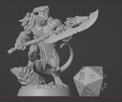 Dragonborn Barbarian miniature with massive cleaver displayed beside a D20 for scale, sized for 32mm TTRPG play. | Helios Tabletop