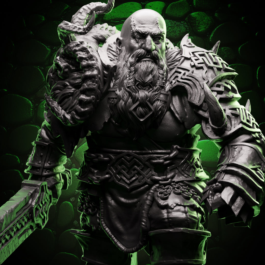 32mm Dwarf Fighter miniature in detailed armor with a massive sword and horned shoulder guard, standing in a confident battle-ready pose.