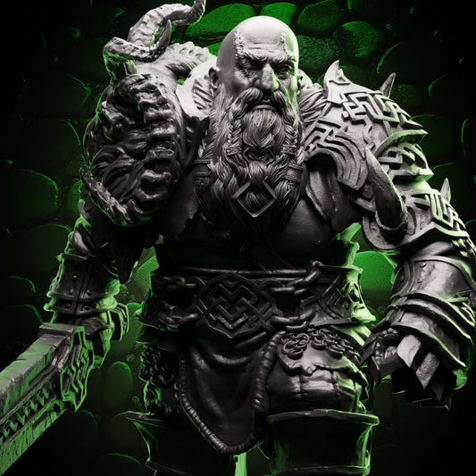 32mm Dwarf Fighter miniature in detailed armor with a massive sword and horned shoulder guard, standing in a confident battle-ready pose.