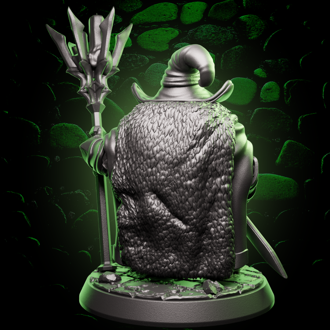 Back view of Male Dwarf Wizard miniature showing detailed cloak, sword sheath, and staff design for fantasy RPG play. | Helios Tabletop
