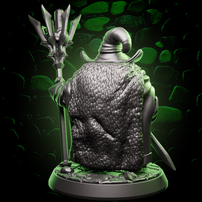 Back view of Male Dwarf Wizard miniature showing detailed cloak, sword sheath, and staff design for fantasy RPG play. | Helios Tabletop