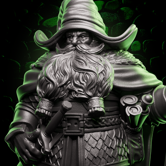 Male Dwarf Wizard miniature holding a staff and sword. | Helios Tabletop
