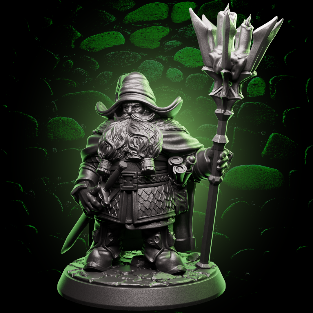 Front view of Male Dwarf Wizard miniature with a staff in one hand and a sword in the other, ideal for magic-melee hybrid characters. | Helios Tabletop