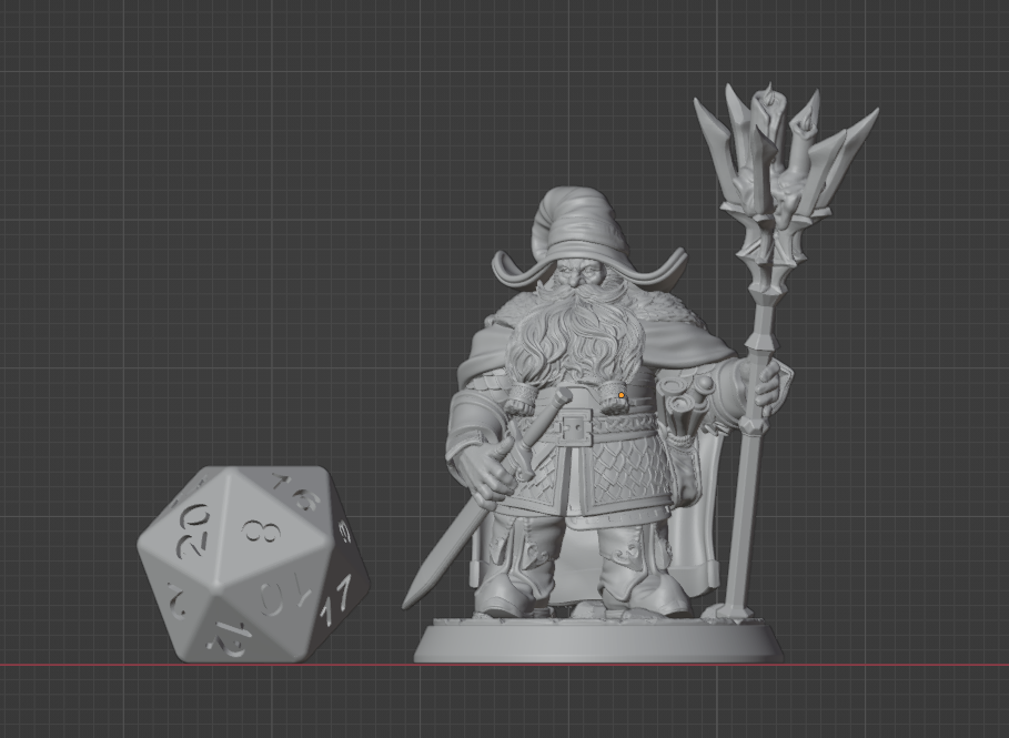 Male Dwarf Wizard miniature with staff and sword displayed beside a standard D20 for scale, sized for 32mm tabletop games. | Helios Tabletop