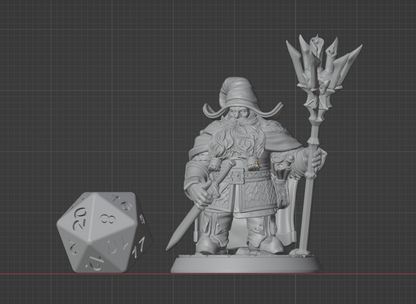 Male Dwarf Wizard miniature with staff and sword displayed beside a standard D20 for scale, sized for 32mm tabletop games. | Helios Tabletop