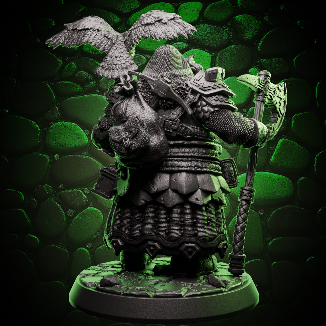 Back view of Dwarf Druid tabletop mini – detailed cloak, owl wings spread, axe handle, ideal for Dungeons & Dragons characters.