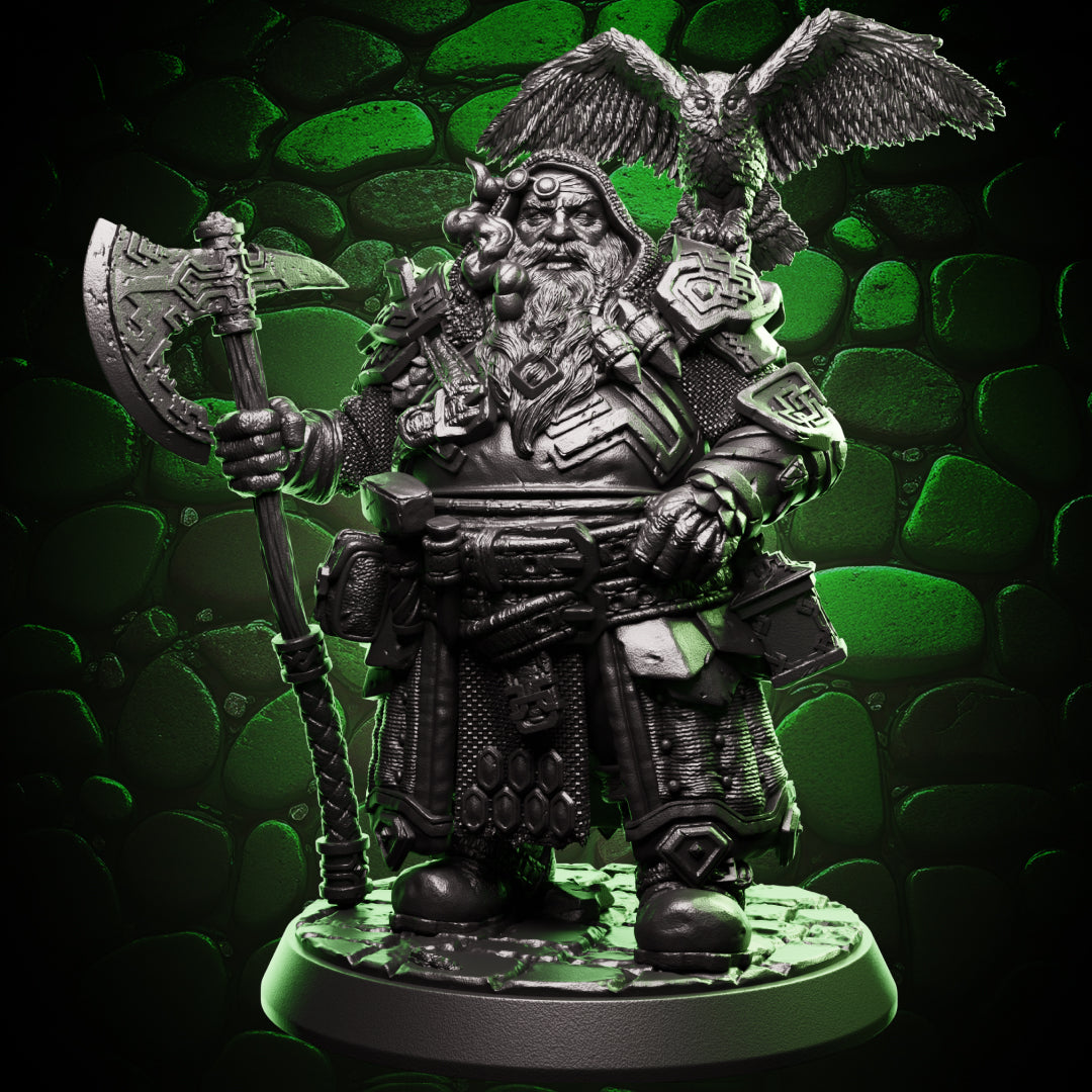 Front view of 3D printed Dwarf Druid mini with owl on shoulder and axe staff – premium TTRPG resin miniature for druids, rangers, or forest guardians