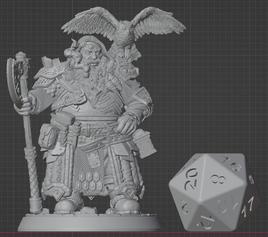 Dwarf Driud 32mm scale miniature next to standard d20 for scale