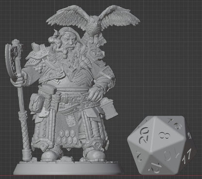 Dwarf Driud 32mm scale miniature next to standard d20 for scale