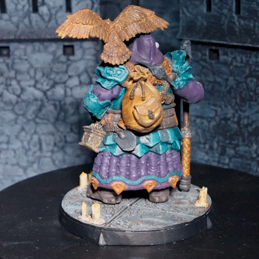 360-degree turntable animation of a 32mm Dwarf Druid miniature with owl familiar, engraved staff, and nature-themed armor - ideal for D&D and fantasy TTRPGs