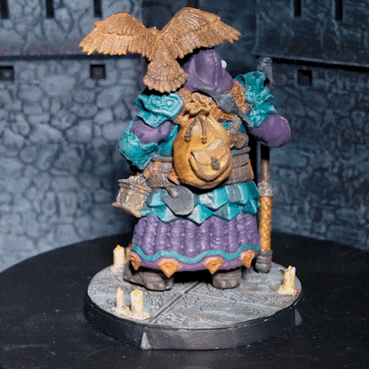 360-degree turntable animation of a 32mm Dwarf Druid miniature with owl familiar, engraved staff, and nature-themed armor - ideal for D&D and fantasy TTRPGs