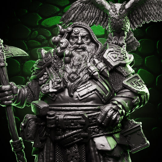 Dwarf Druid miniature thumbnail for tabletop RPGs – fantasy dwarf figure with owl companion, perfect for DnD and Pathfinder druids.