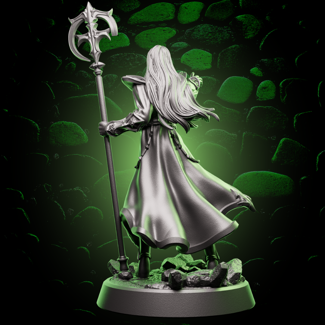 Back view of Elf Cleric miniature displaying detailed armor, flowing hair, and sculpted staff for fantasy roleplaying games. | Helios Tabletop