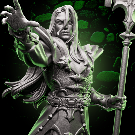 Elf Cleric miniature in ornate armor with a staff and outstretched hand, featured for fantasy tabletop RPG characters. | Helios Tabletop