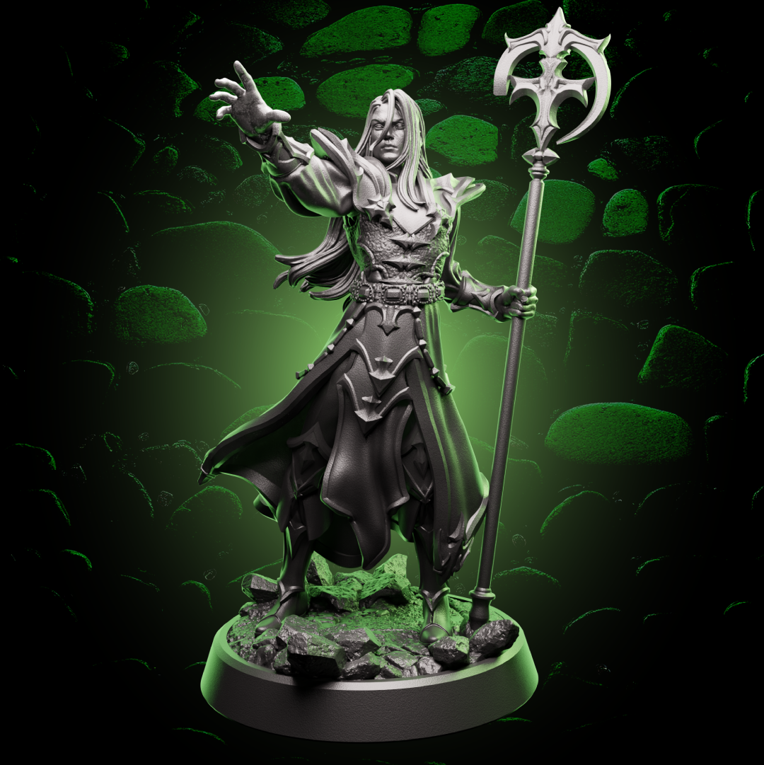 Front view of Elf Cleric miniature holding a staff and casting pose, ideal for divine casters in 32mm scale RPGs. | Helios Tabletop