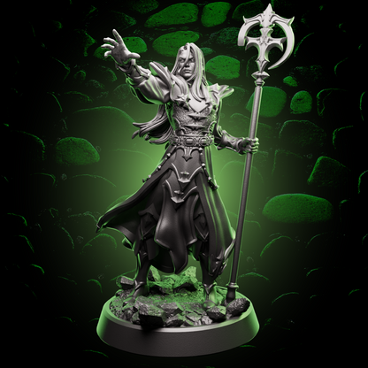 Front view of Elf Cleric miniature holding a staff and casting pose, ideal for divine casters in 32mm scale RPGs. | Helios Tabletop