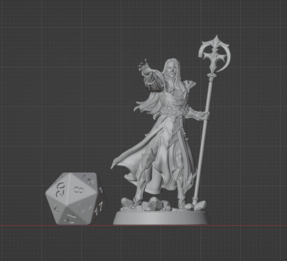 Elf Cleric miniature posed beside a standard D20 die for size reference, designed for 32mm fantasy tabletop play. | Helios Tabletop