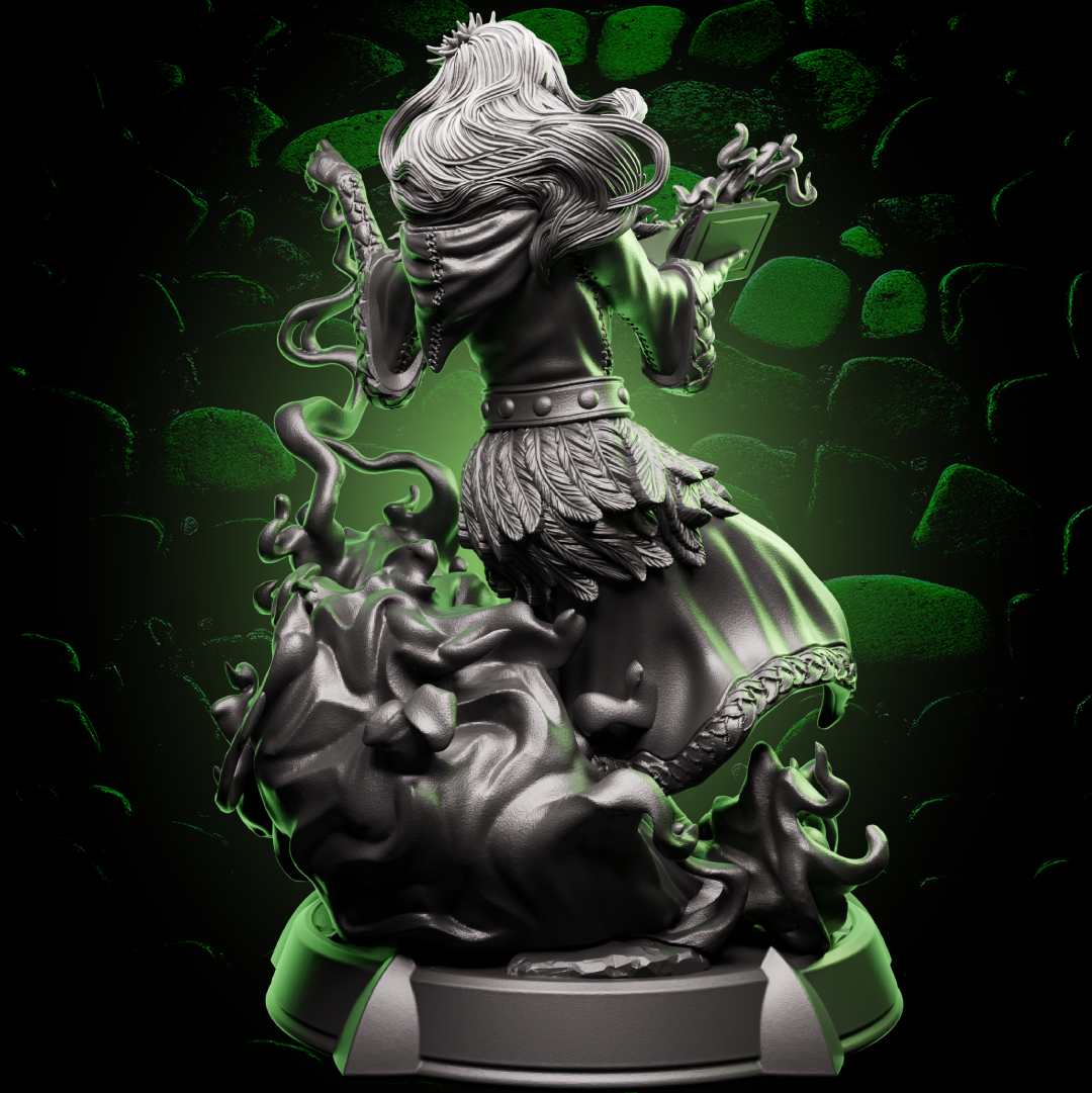 Back view of Elf Sorcerer miniature showing layered feathered robe details and spellcasting stance. | Helios Tabletop