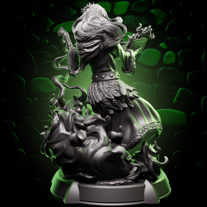 Back view of Elf Sorcerer miniature showing layered feathered robe details and spellcasting stance. | Helios Tabletop