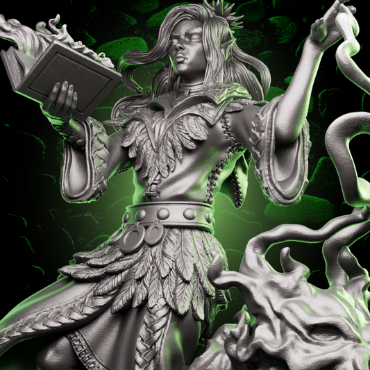 Elf Sorcerer miniature holding a flaming spellbook and casting magic, featured for fantasy tabletop RPG characters. | Helios Tabletop