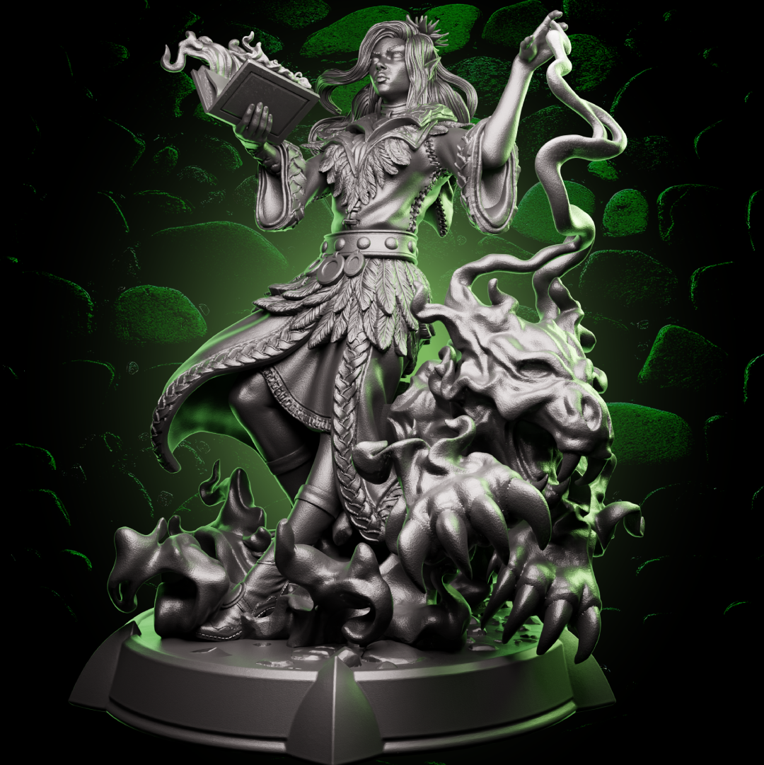 Front view of Elf Sorcerer miniature with flowing robes and a raised spellbook, ideal for arcane characters in 32mm TTRPGs. | Helios Tabletop