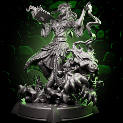 Front view of Elf Sorcerer miniature with flowing robes and a raised spellbook, ideal for arcane characters in 32mm TTRPGs. | Helios Tabletop