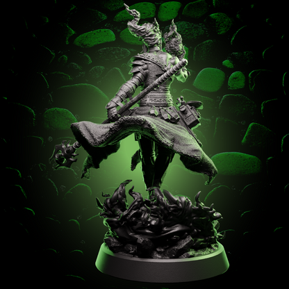 Back view of Elf Warlock miniature showing arcane robes, staff detail, and fire base for fantasy roleplaying. | Helios Tabletop