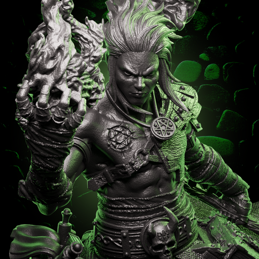 Elf Warlock miniature floating above swirling flame with a staff and fireball, ideal for dark magic users in tabletop RPGs. | Helios Tabletop