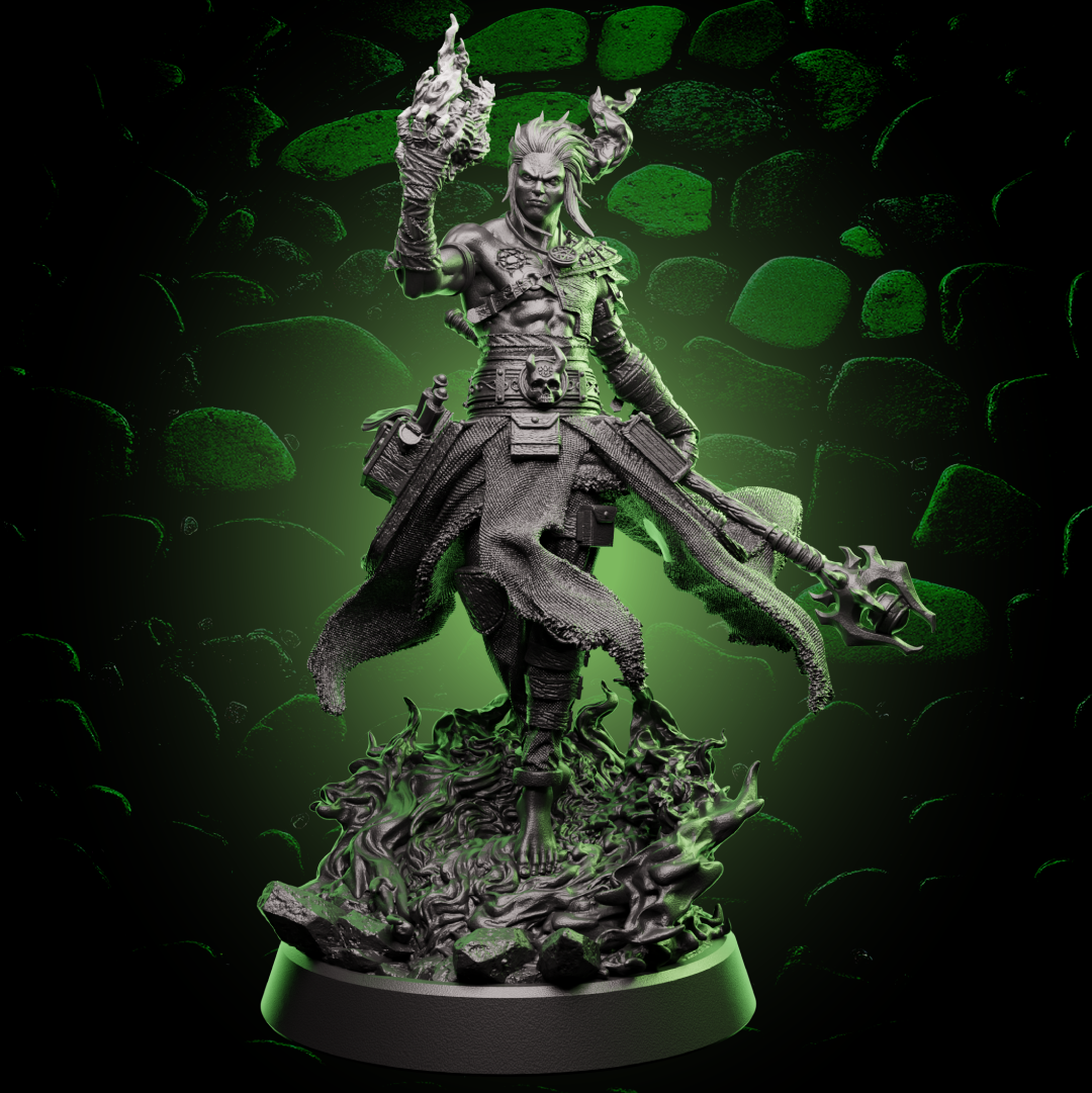 Front view of Elf Warlock miniature casting a flame spell, holding a staff and standing over sculpted magical fire. | Helios Tabletop