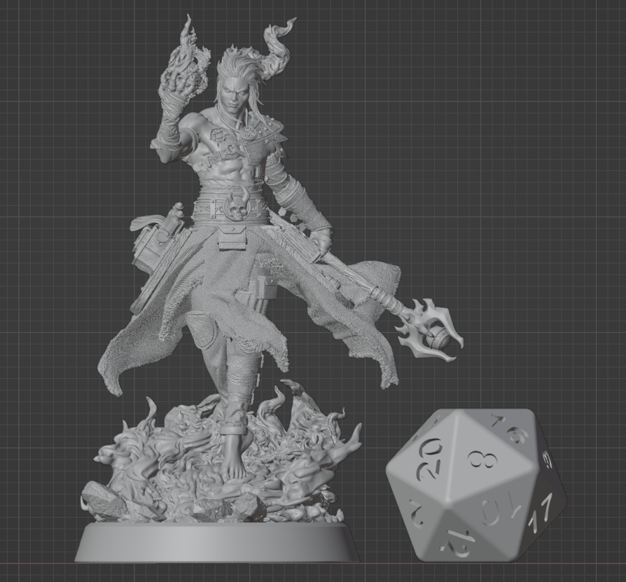 Elf Warlock miniature with staff and flame effects beside a D20 for scale, compatible with 32mm fantasy TTRPGs. | Helios Tabletop