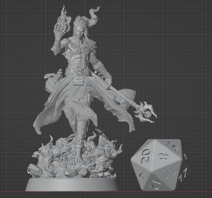 Elf Warlock miniature with staff and flame effects beside a D20 for scale, compatible with 32mm fantasy TTRPGs. | Helios Tabletop