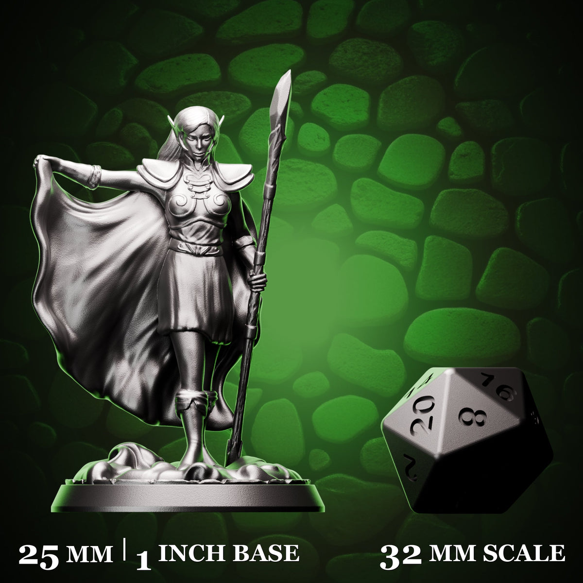 Elf Wizard - Caped Acolyte shown beside a d20 for scale