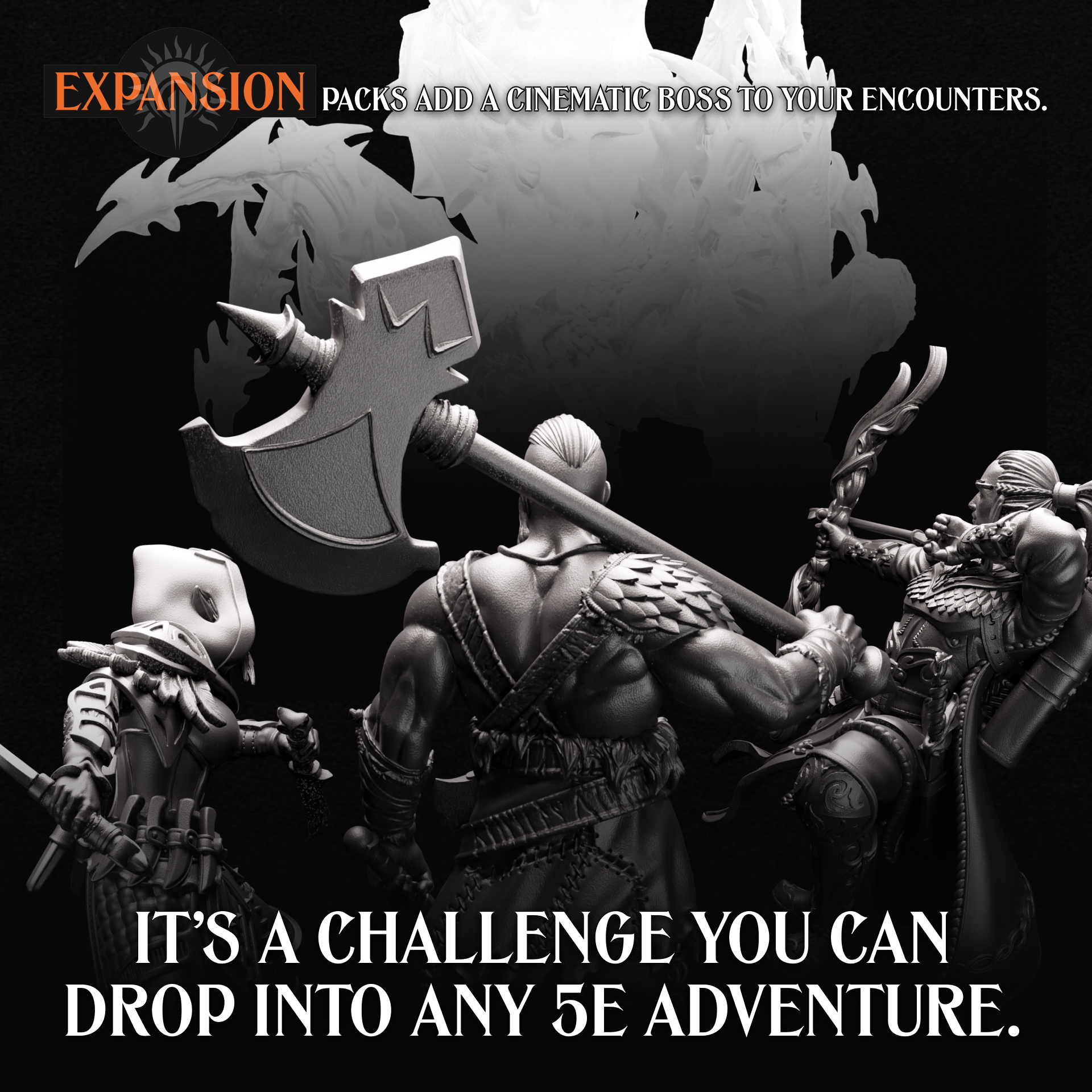 Helios Tabletop expansion promo showing heroes facing a giant boss, 5e encounter add-on