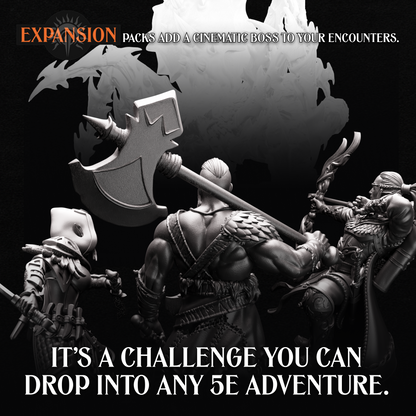 Helios Tabletop expansion promo showing heroes facing a giant boss, 5e encounter add-on