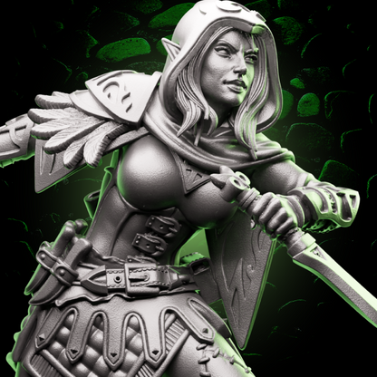 Female Elf Rogue miniature with hooded cloak and dual elven blades, designed for stealthy characters in tabletop RPGs. | Helios Tabletop