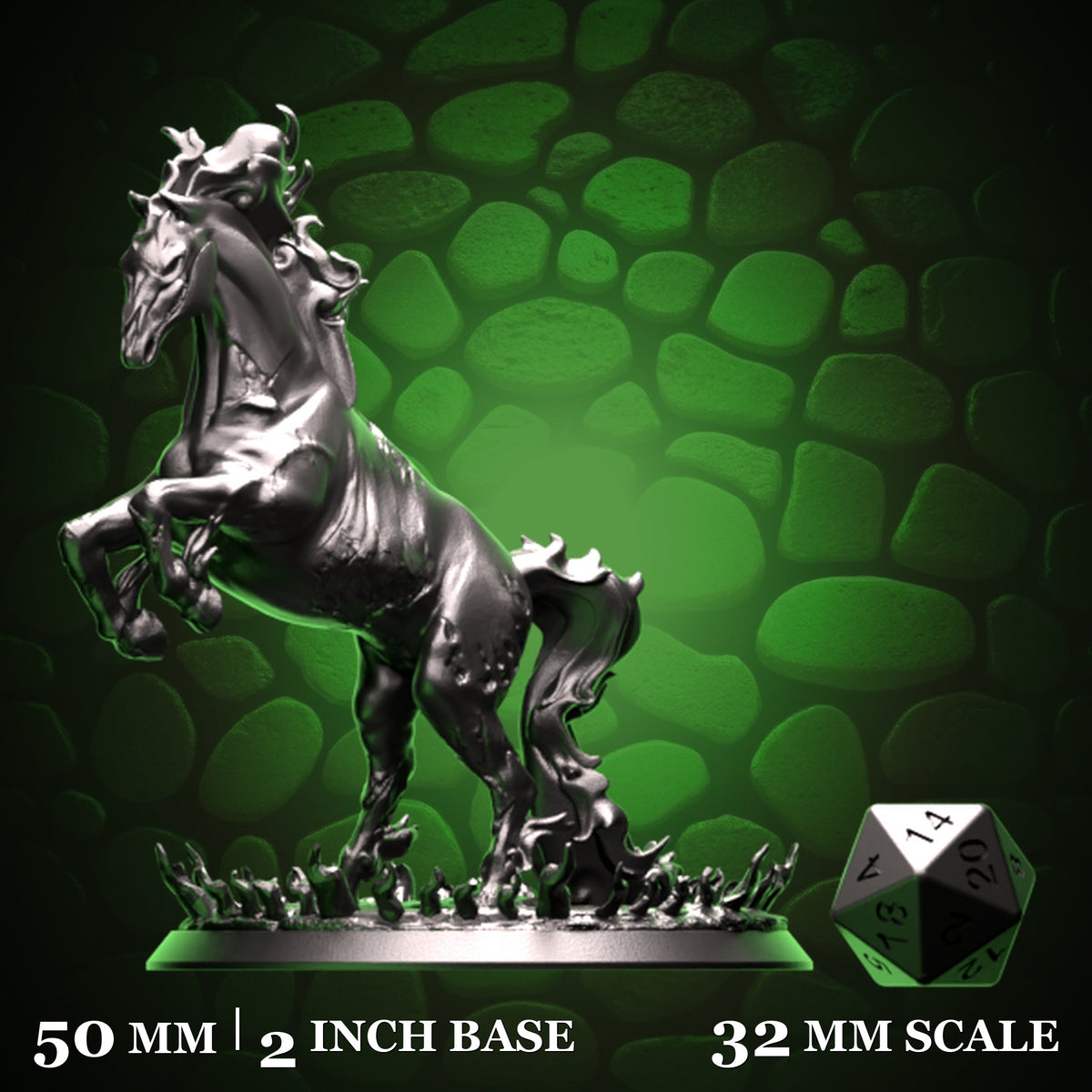 Fire Horse shown beside a d20 for scale