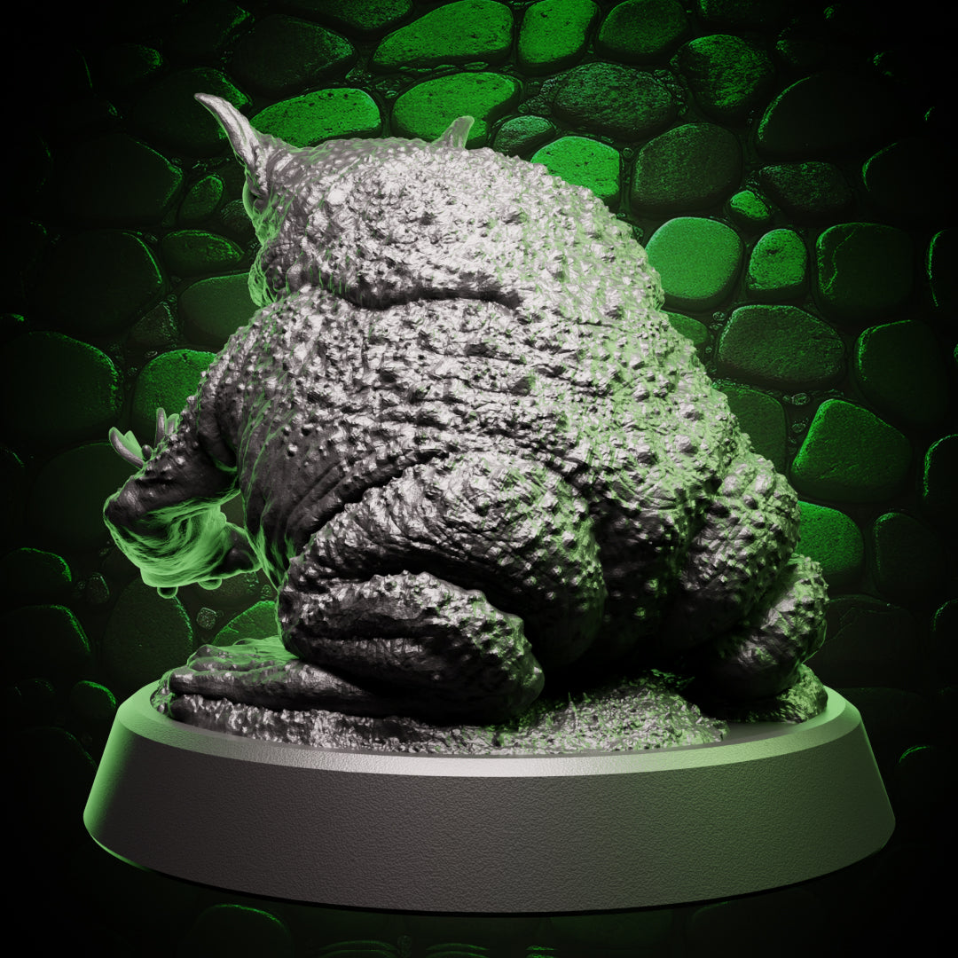 Back view of giant toad familiar miniature with detailed warty texture and squat pose – resin mini for Dungeons & Dragons and tabletop RPGs.