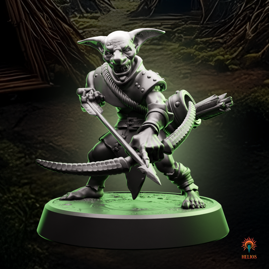 Highly detailed goblin archer miniature, drawing a bow with deadly precision, perfect for tabletop RPG encounters and wargaming. | Helios Tabletop